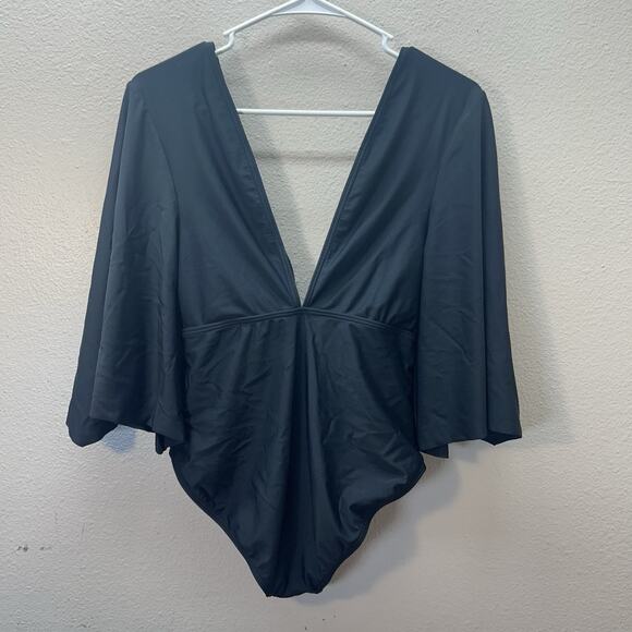 Venus 70s Style Deep V Boho Hippie Swimsuit Black Size 8 One Piece Bathing Suit - Picture 1 of 6
